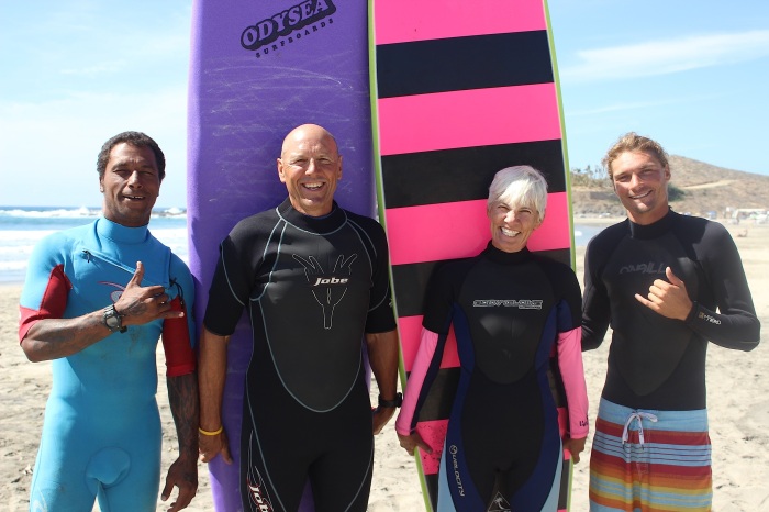 John and I with our surfing instructors, Rudy and Scott