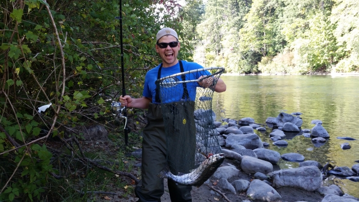 Here's a pic of Andrew, our 28 year old son with his first fish caught on the Campbell River.
